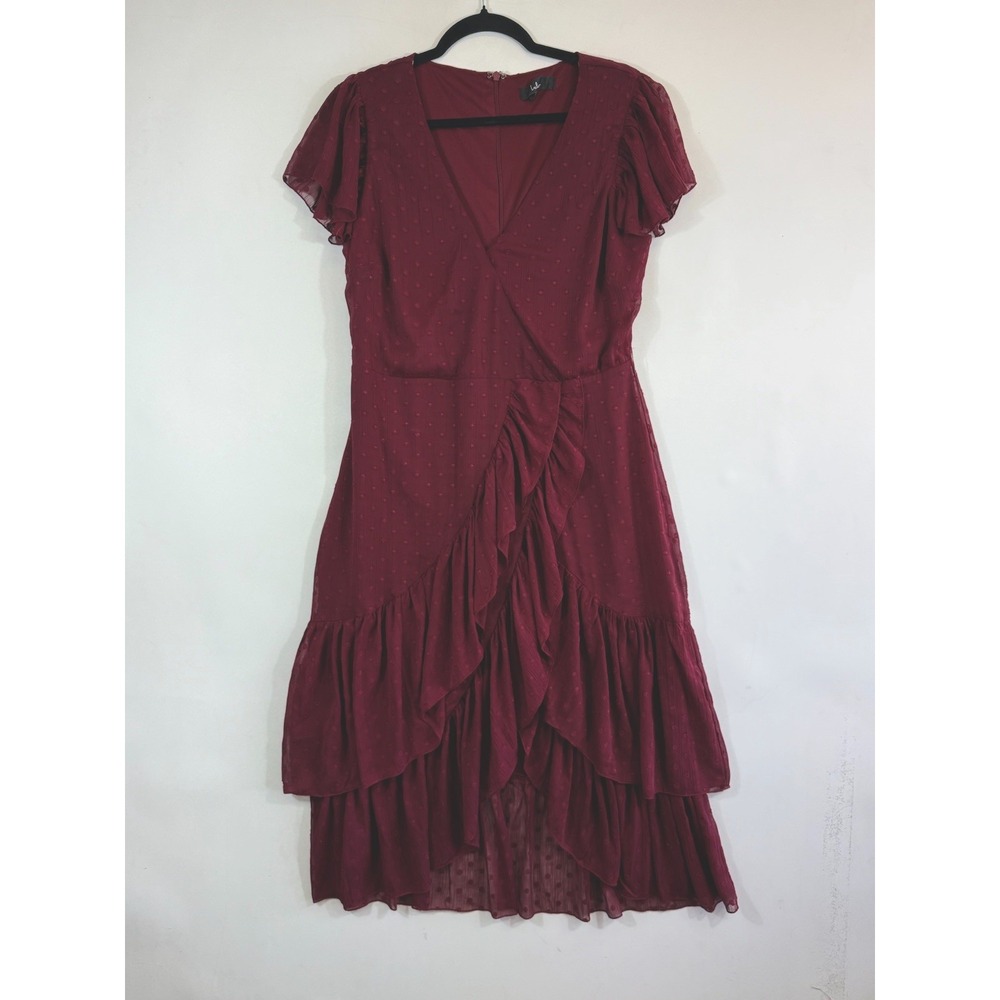 Lulus Swiss Dot High Low Dress Womens Large Burgundy Ruffle Flutter Sleeve Boho